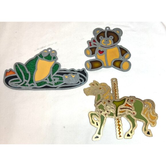 Vtg Set Of 3 Colorful Decorative Stained Glass Style Ornaments Frog Teddy Bear - Picture 3 of 3